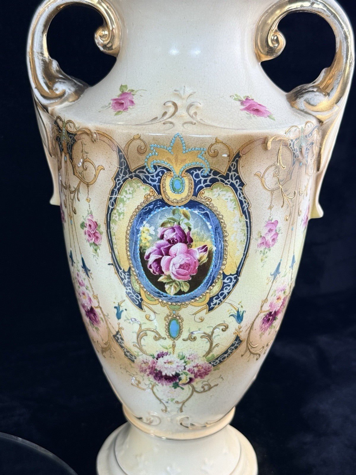 Antique English Alton Ware Urns Set Hand Painted Roses Gilded Porcelain Vase Set7