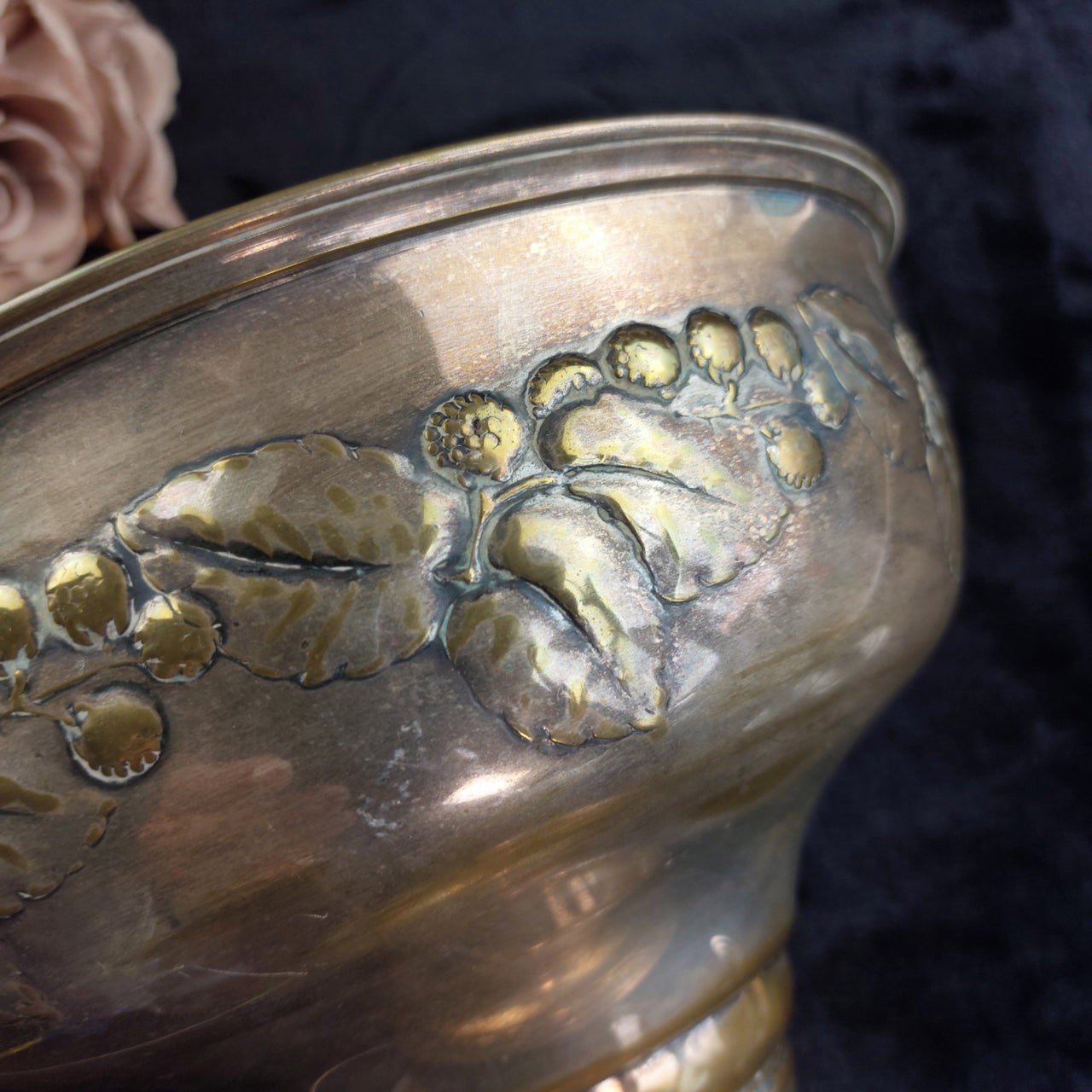 Vintage Brass Pedestal vase Bowl gold Floral Embossed 10" 10" Good Condition12