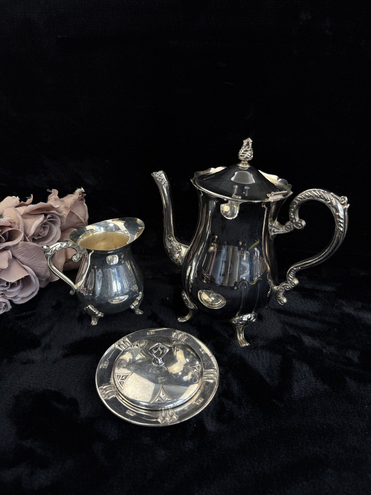 silver plated tea pot & pitcher and plate with a lid Unbranded Victorian Antique6