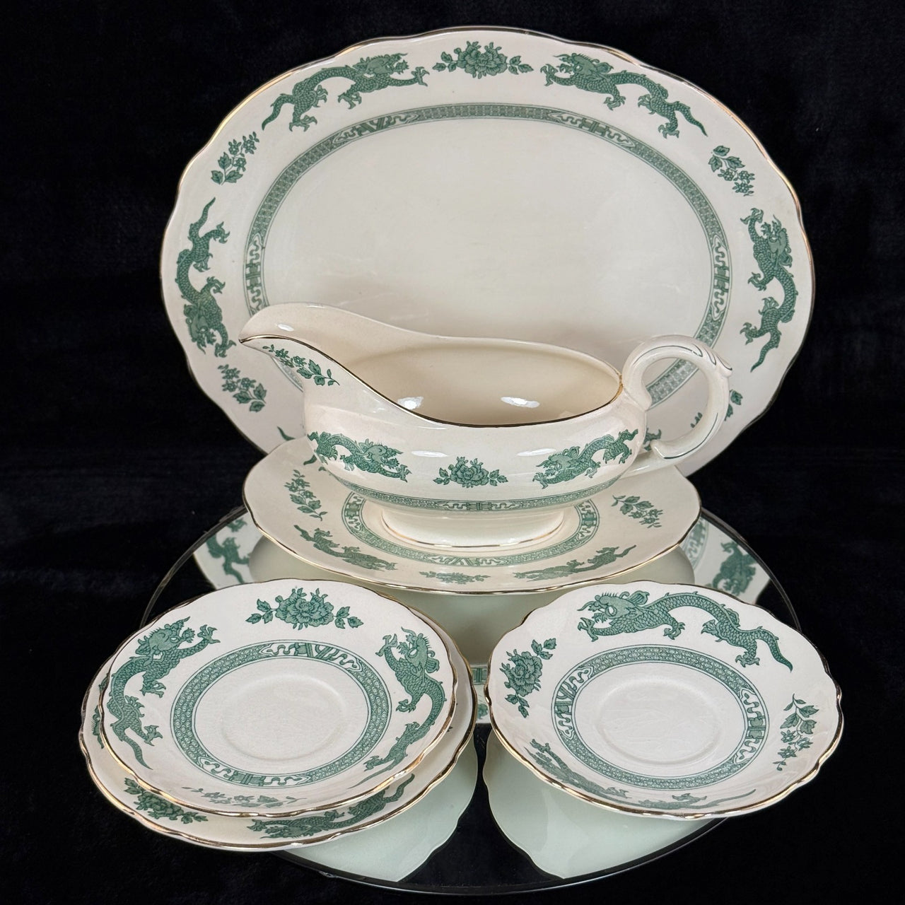 Royal England Cauldon Green Dragon Serving Set x6 – Vintage Ironstone China0