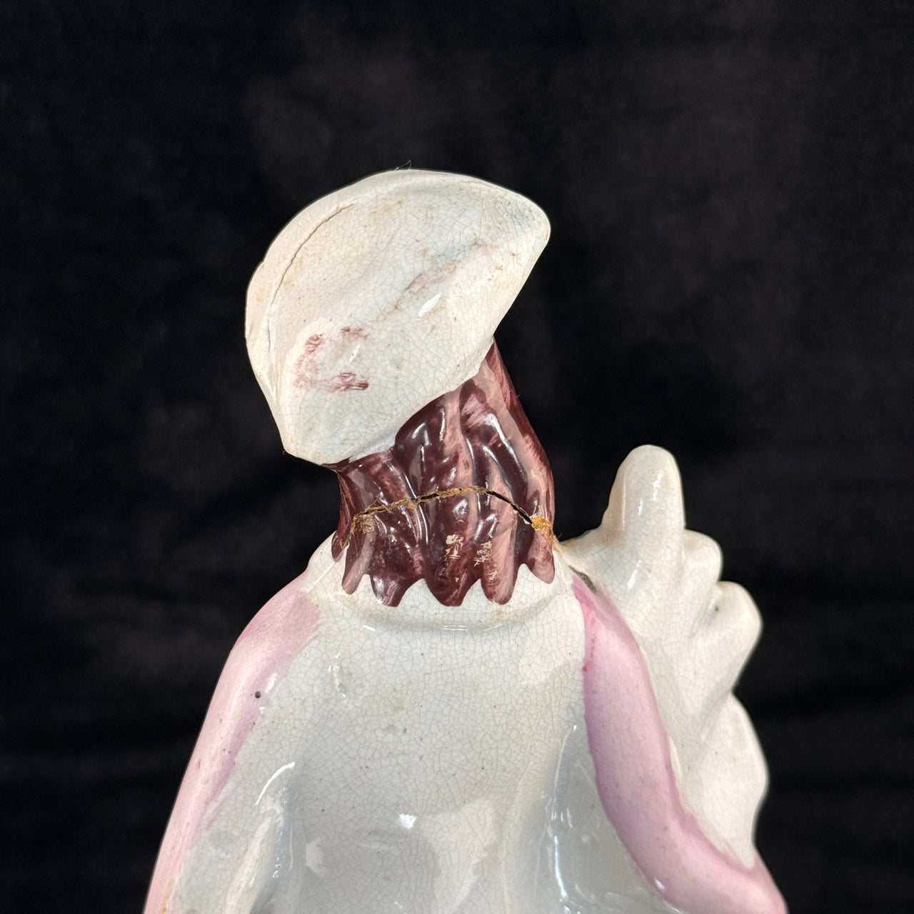 1800s antique Staffordshire Figurine Man Pink Jacket Floral Column repaired4