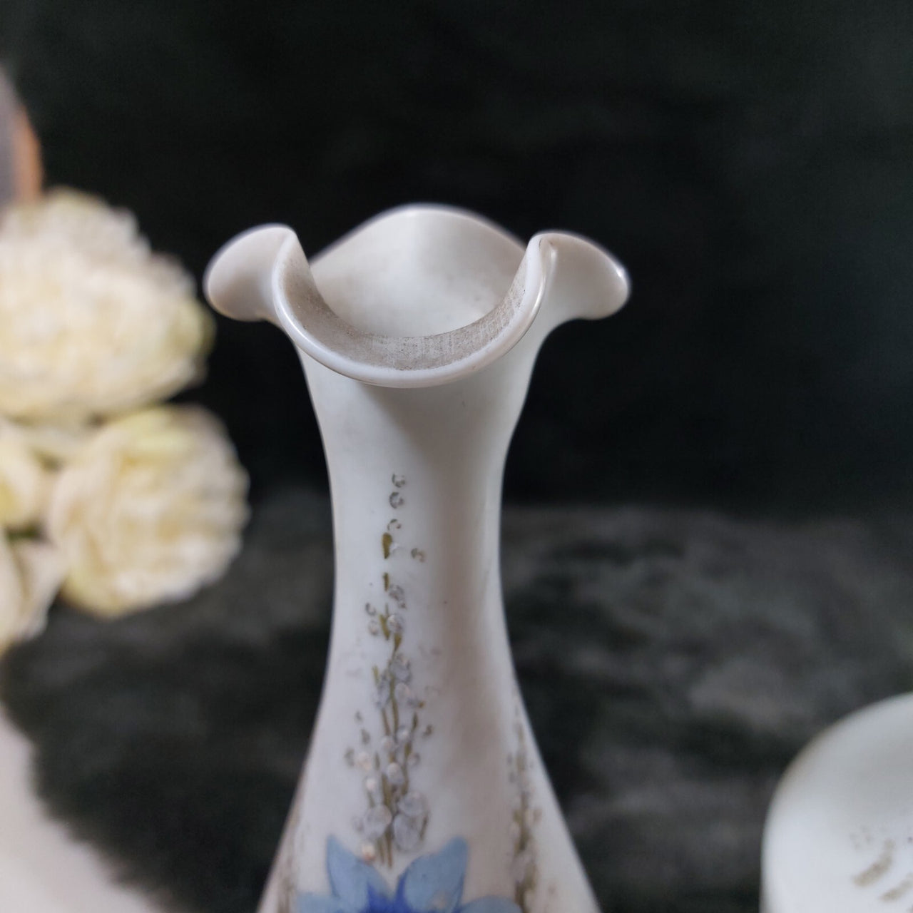 Rare Pair Antique of Hand-Painted Satin Glass Vases Milk Flowers Decor Porcelain9