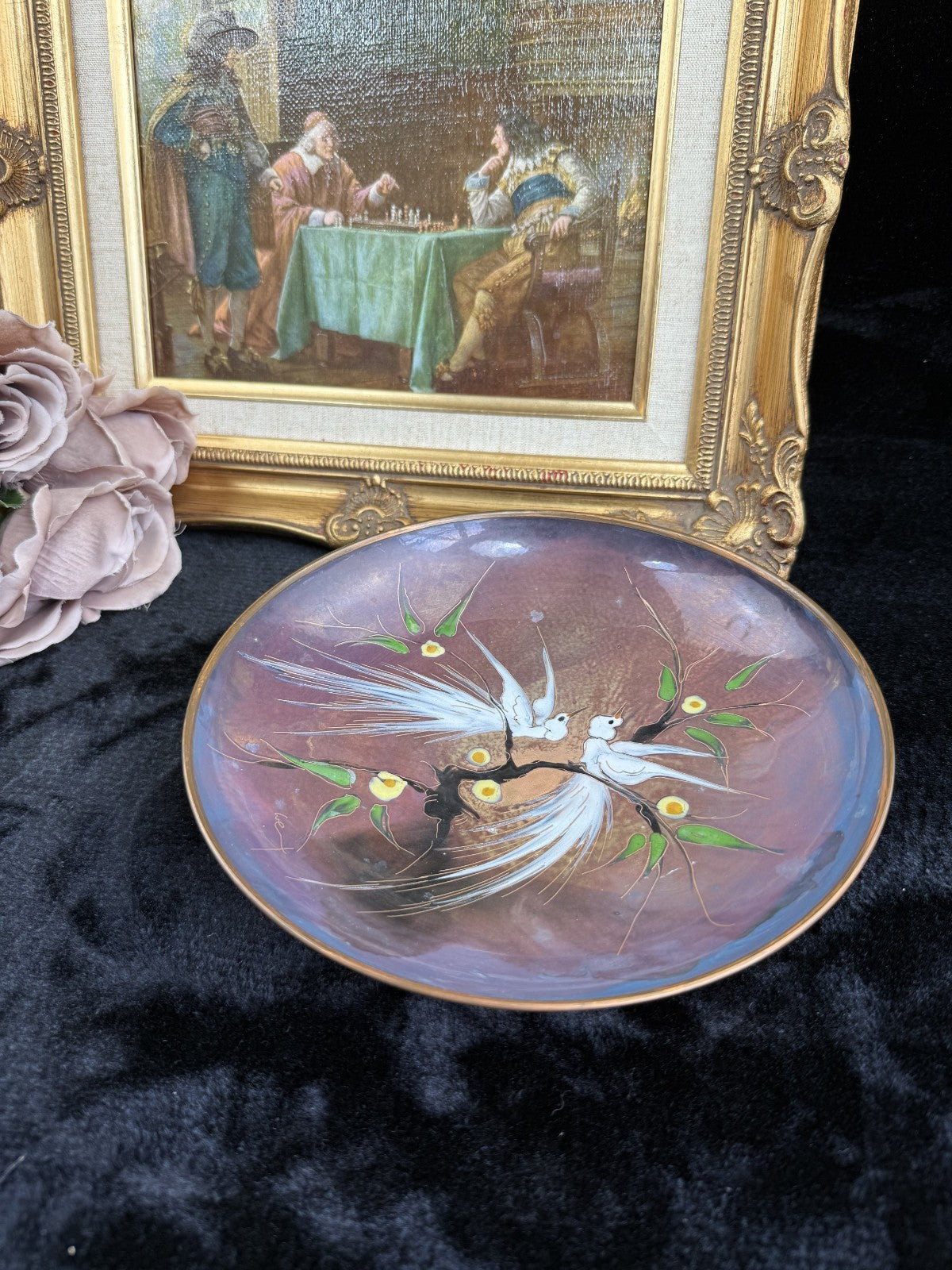 Vintage Enamel on Copper Plate with Iridescent Birds Design3