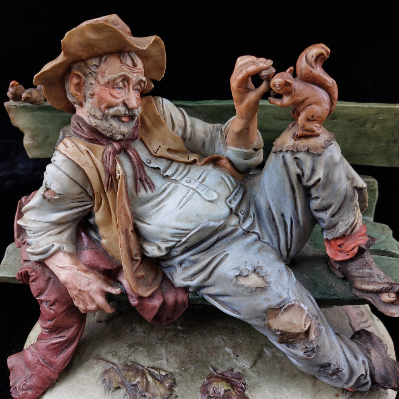 Original Merli Bruno Figurine Capodimonte Italy old Man on Bench with Squirrel18