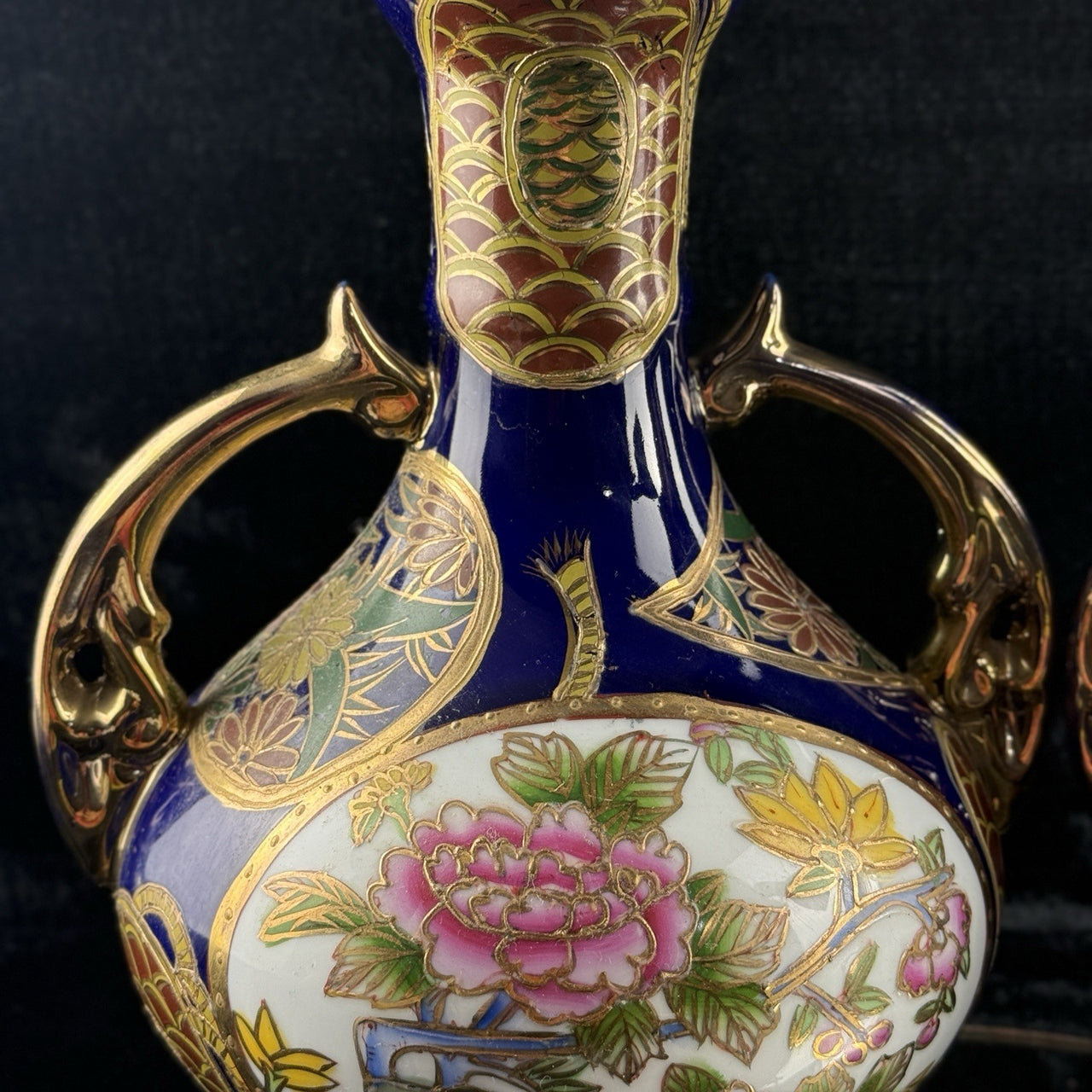 Japanese Blue Cobalt Porcelain Vases Pair Gold Gilt Floral Moriage Antique Decor21