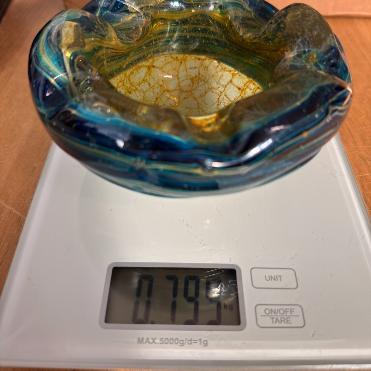 Mdina Malta Art Glass Ashtray 80s Blue Yellow Swirl 13cm Heavy see the pics deco18