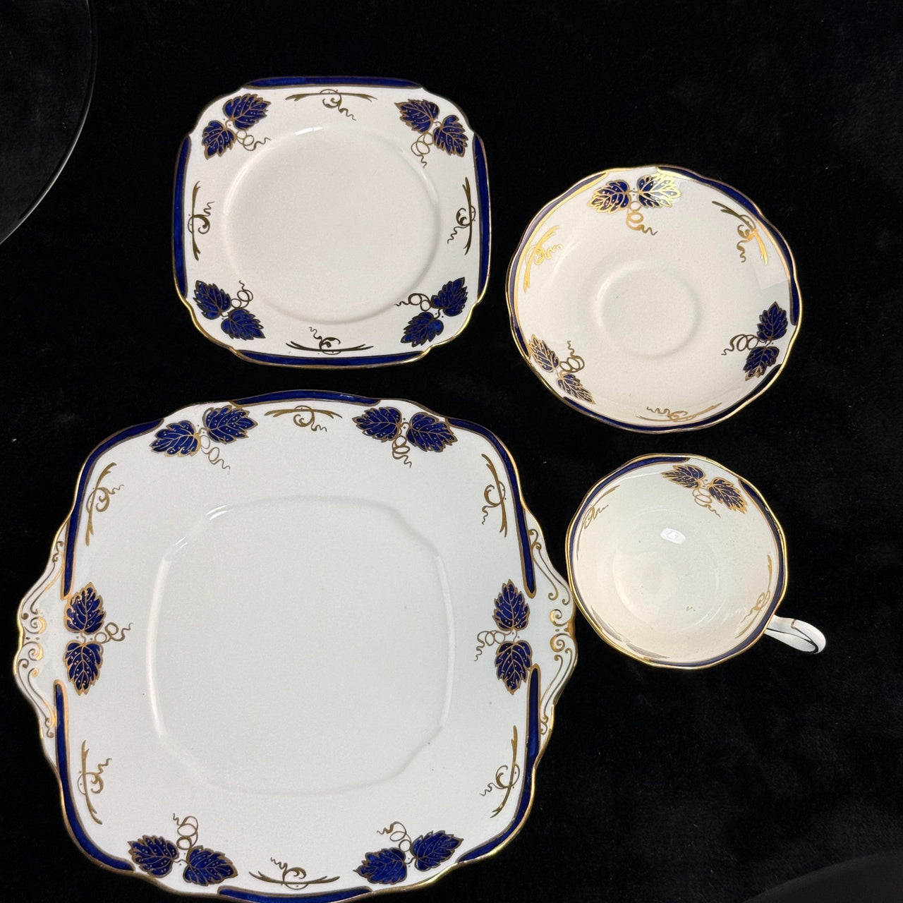 Rare Royal Albert Crown 1930s Cobalt Blue 2 Trios & Cake Plate Set England. 19