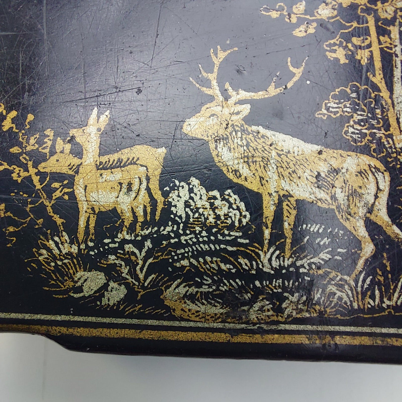 Black Lacquer Snuff Box Vintage – Gold Gilded Deer Scene,Russian  or  Japanese5