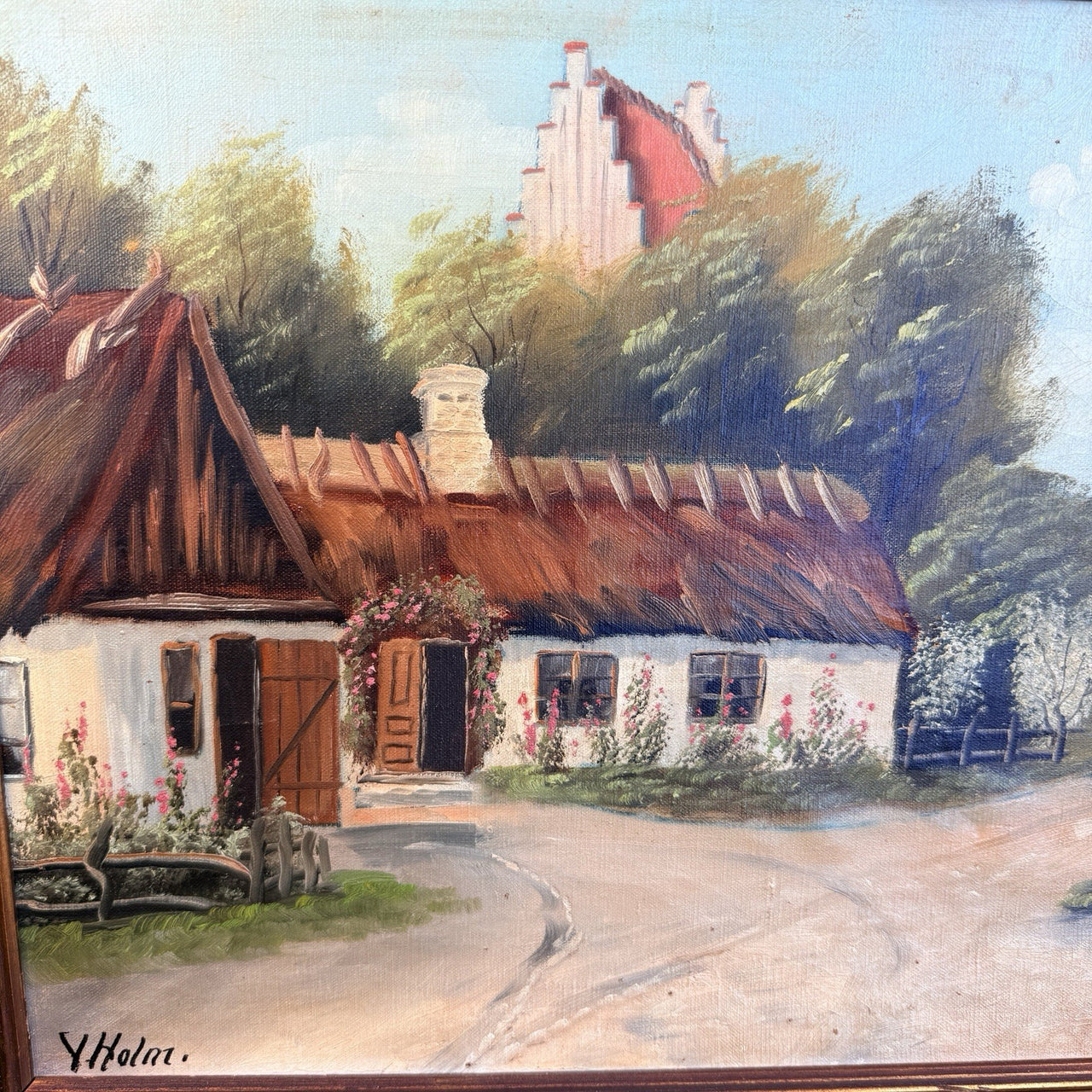 Original Oil Painting on Canvas Signed Y. Holm - Thatched Landscape Cottages4