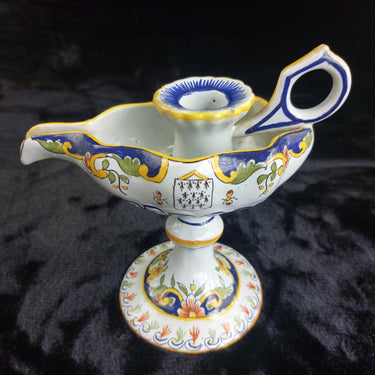 Antique Italian Majolica Faience Candle Holder Hand Painted Coat of Arms  Floral0