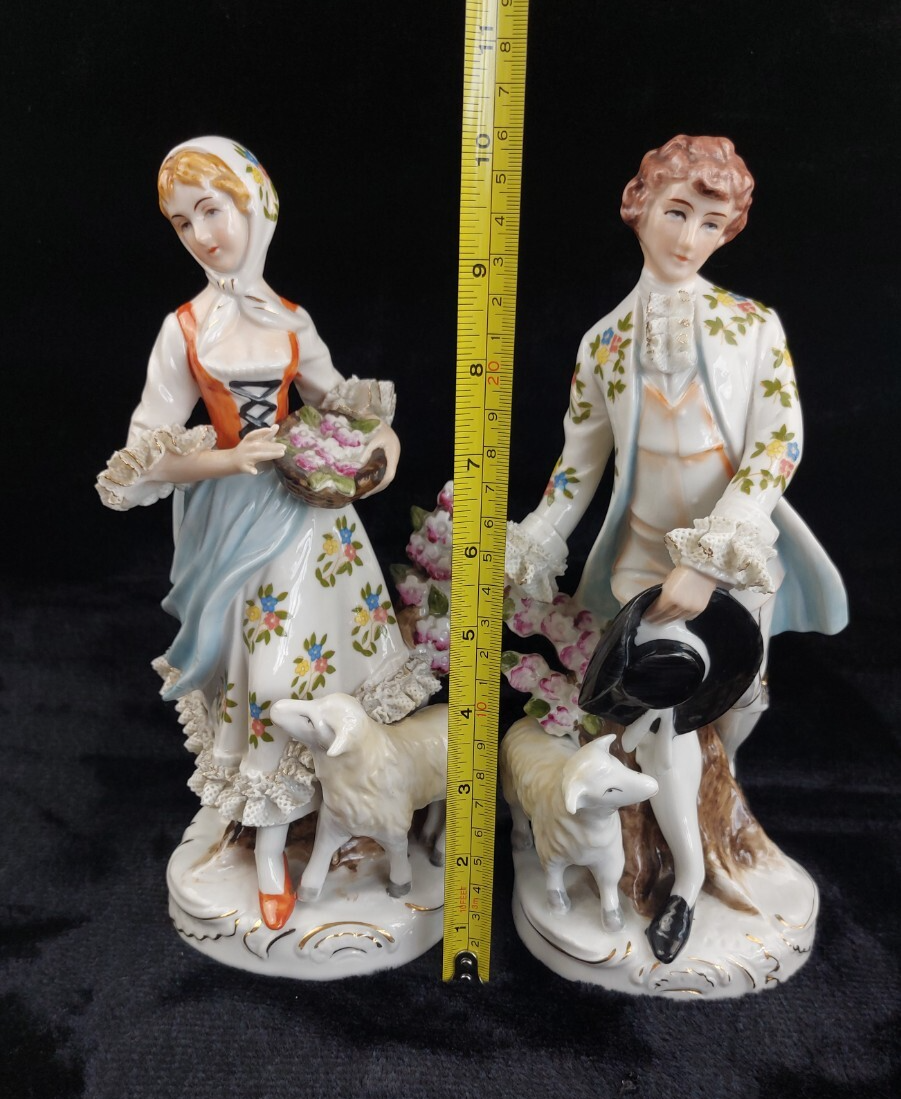 German Porcelain Figurine Pair Shepherdess & Shepherd Sheep 10" gift see pics2
