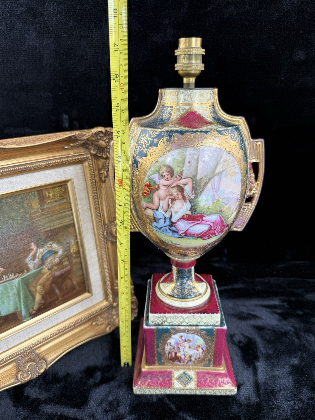 Antique 19th Century Royal Vienna Urn Lamp Romantic Scene Gold Accents Large21