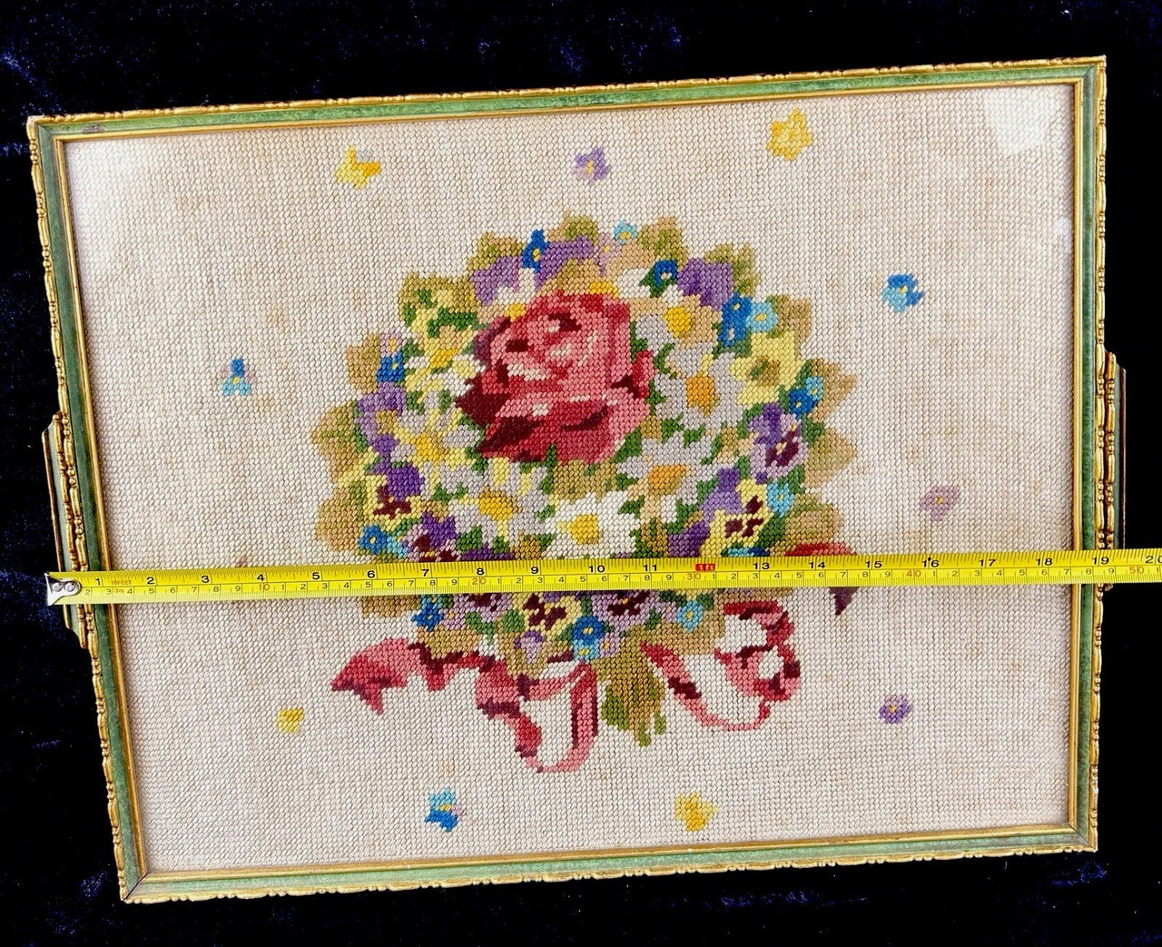Floral Framed Needlepoint Tapestry Pink Rose Daisy Bouquet 2015” Wood Frame.10