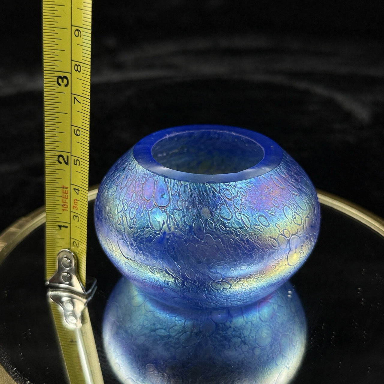 Studio Art Heron Glass Mini Vase Blue Iridescent Pulled Feather Pattern 2.5”2
