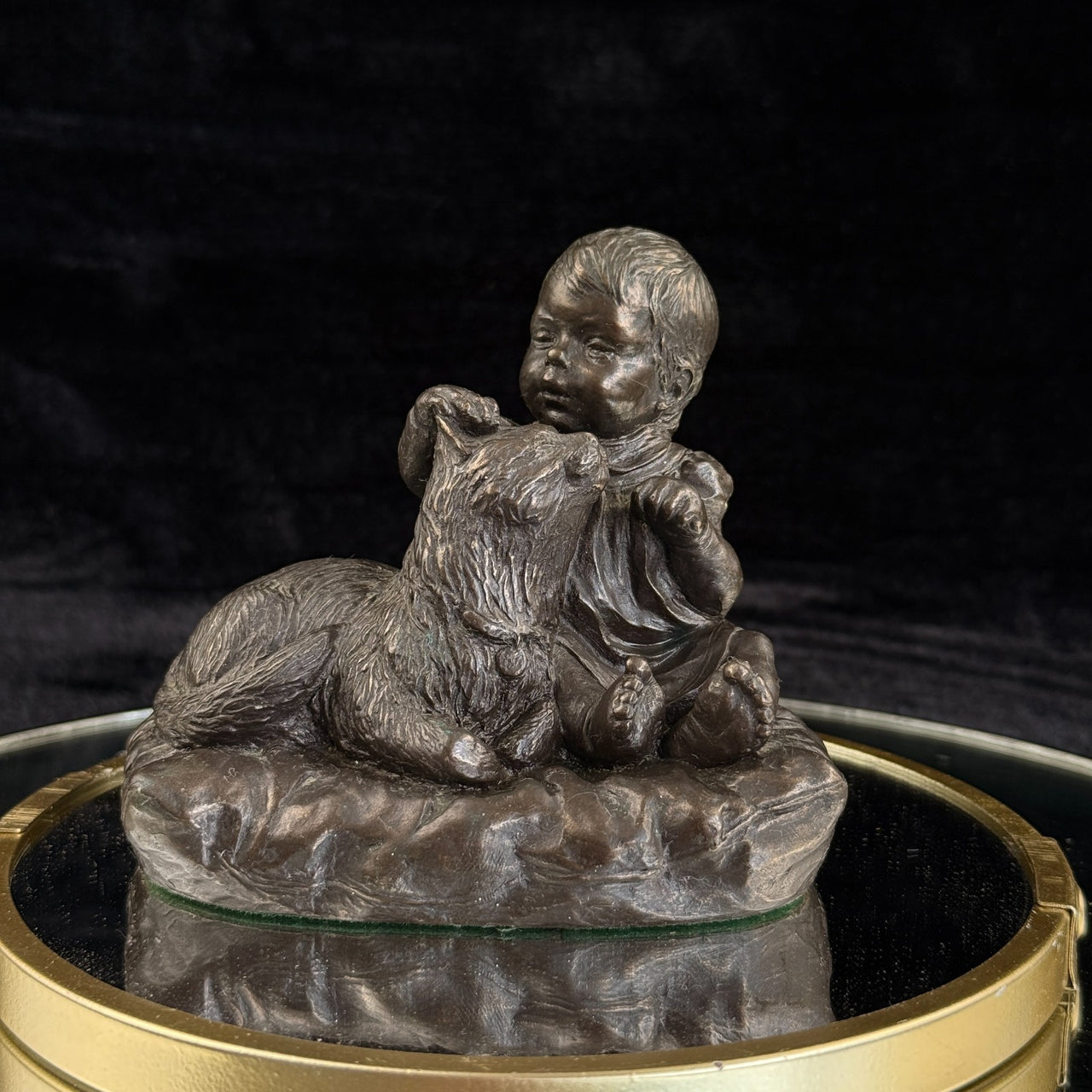 Vintage Bronze signed Baby with Dog Sculpture – 4.5" Wide 4" Tall Figurine gift12