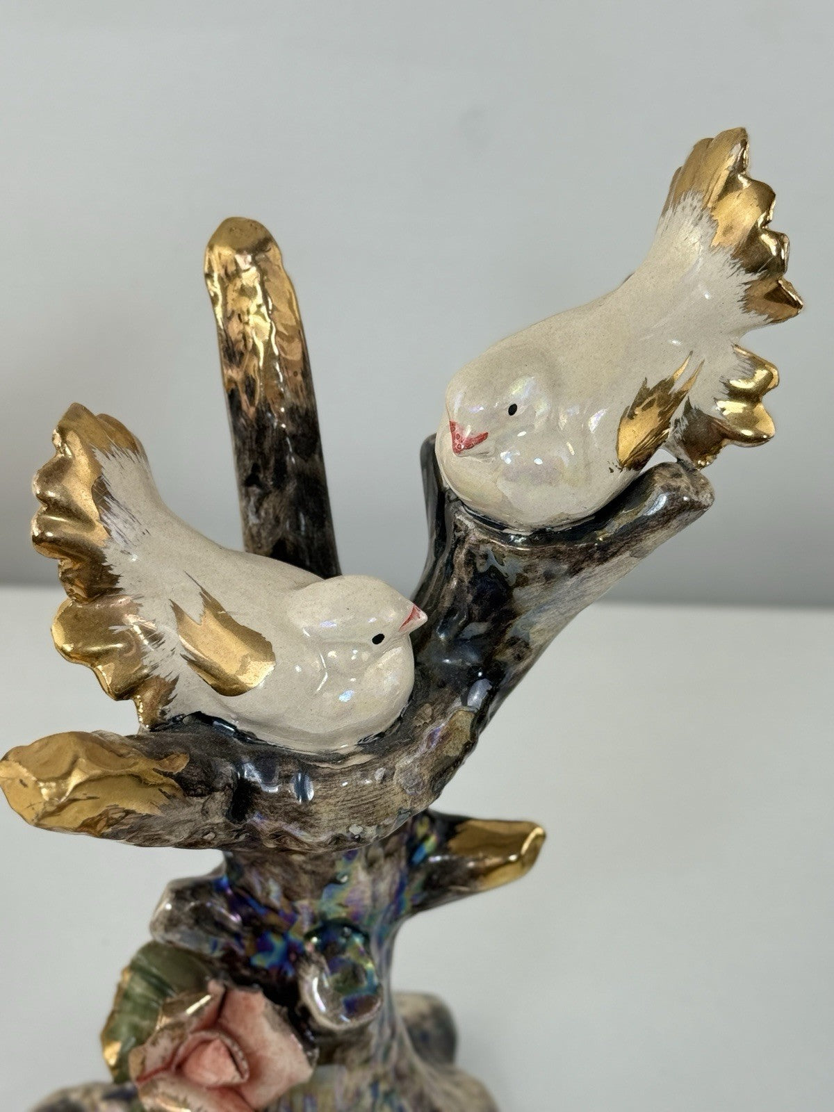 Ceramic Bird Pair Figurine Tree Truck Iridescent Roses Good Trim See Pics Decor6