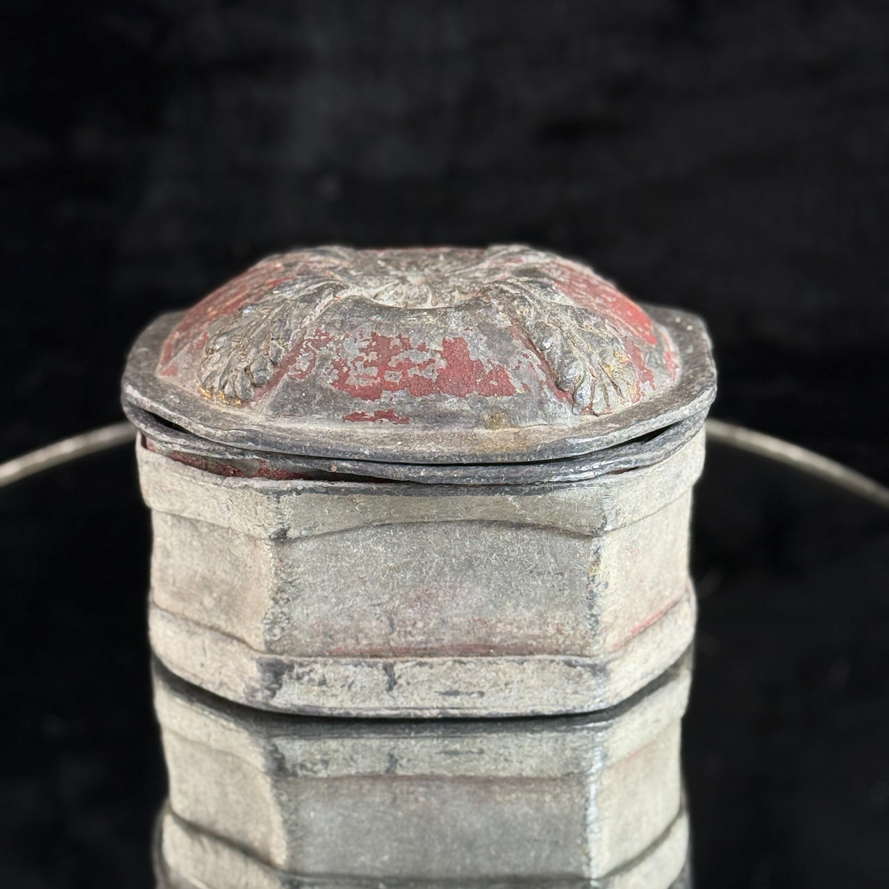 Antique 19th Century Stone Trinket Box Red Floral Relief Lid 5" x 3.5" Heavy2