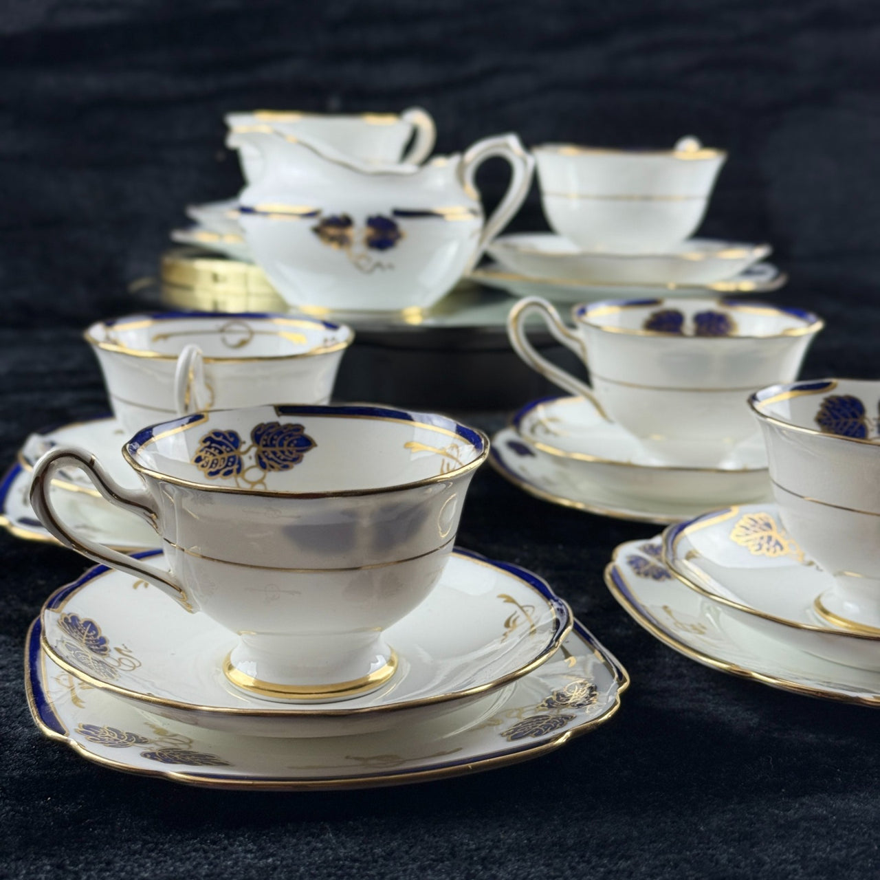 Rare Royal Albert Crown China Blue Gold Leaf Tea Set Trio x2 & Jug England 1930s21