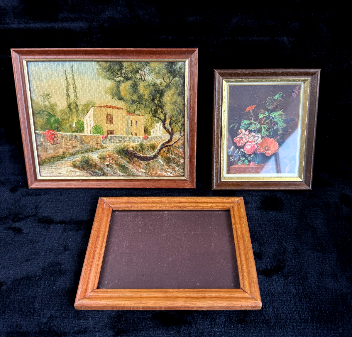 Charming Vintage Still MCM Life and Farmhouse Paintings wood brown Set of3 frame0