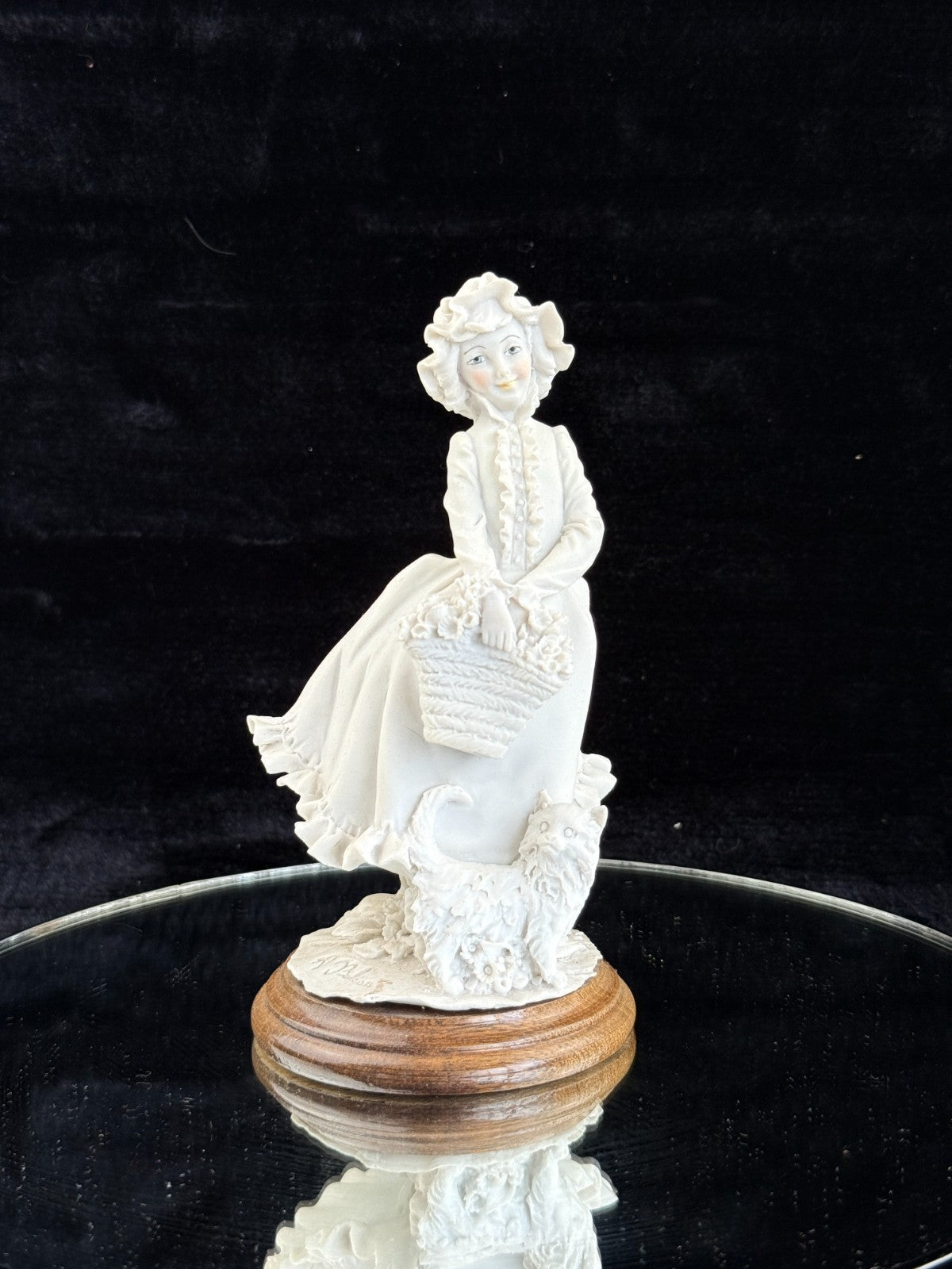 A. Belcari "Girl with Basket and Cat" Figurine Signed & Resin Marble decor Italy1