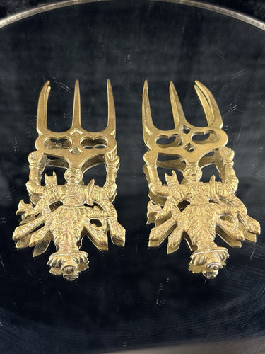 Antique Brass Hindu Trishul Durga Wall Plaques / Fork Pair – 5” Indian Temple1