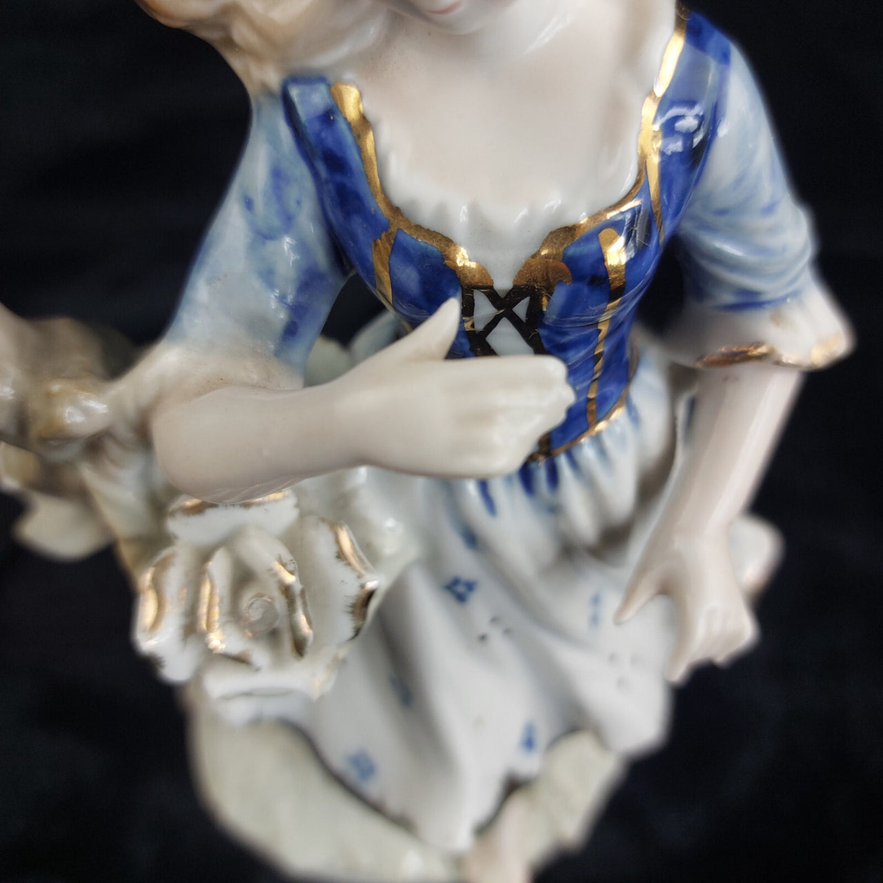German Porcelain Figurine 8.5in Lady with Rose Blue Gold White see pics decor.9