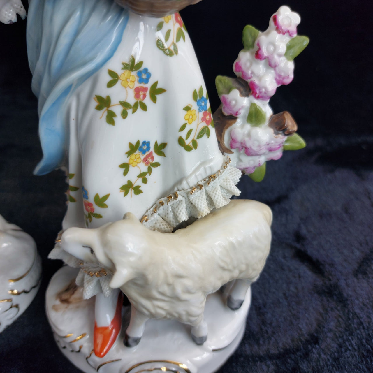 Continental Porcelain Figures Pair 11in w Flower & Lambs 20th century decor Box7