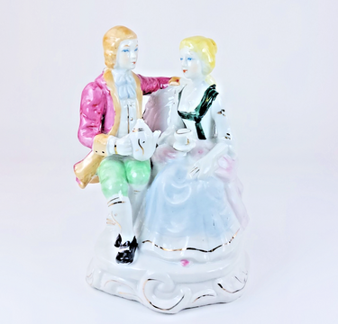 Rare Porcelain Tea Time figurine , Pink and Blue Accents victorian style deco 7