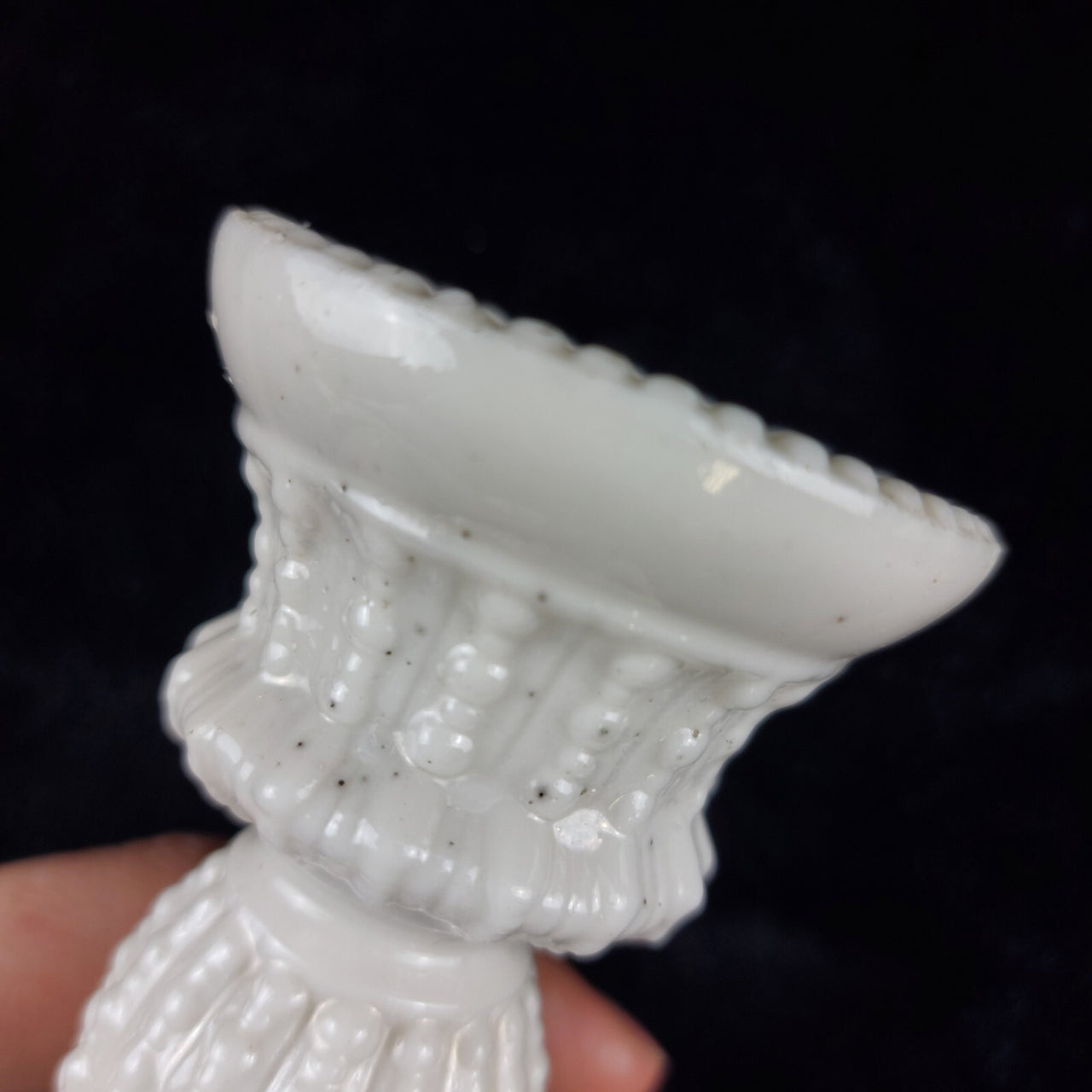 Rare Milk Glass porcelain Candlestick Holder, Black Dot Chipped Rim & Base 6.5"12