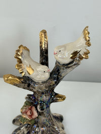 Thumbnail for Vintage Iridescent Bird Figurines Pair Tree Trunk Base Gold Trim Gift Roses3