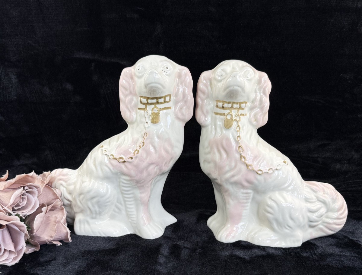 Antique Staffordshire Porcelain Pink and White  Pair King Charles Spaniel decor2