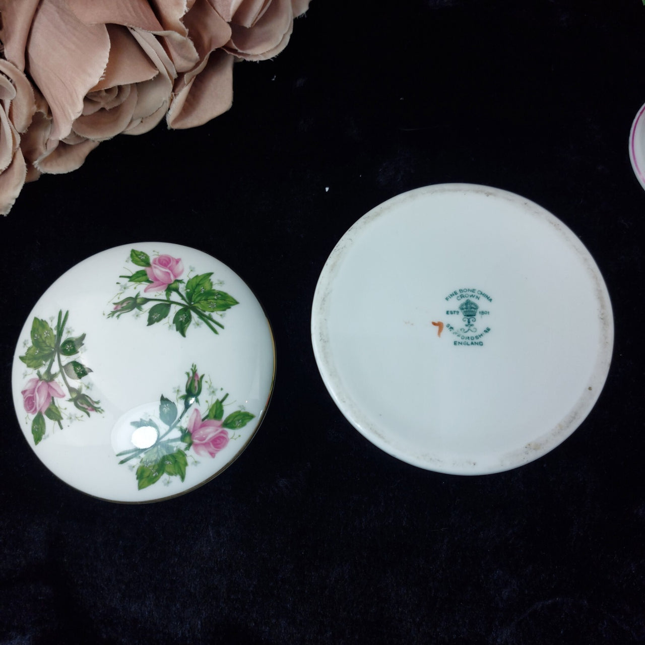 Staffordshire Crown Set Porcelain of 2 Small Canister & Trinket Box Fine China6