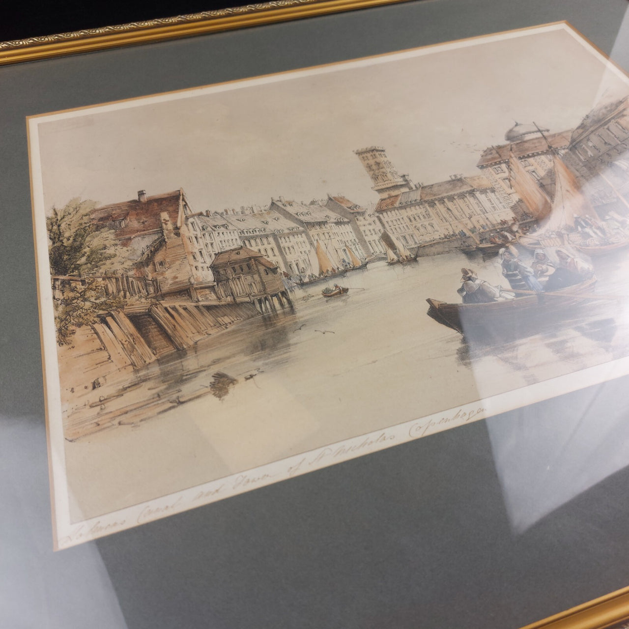 Lithograph Copenhagen Holmens Canal and Tower of St. Nicholas, from 1800's.5
