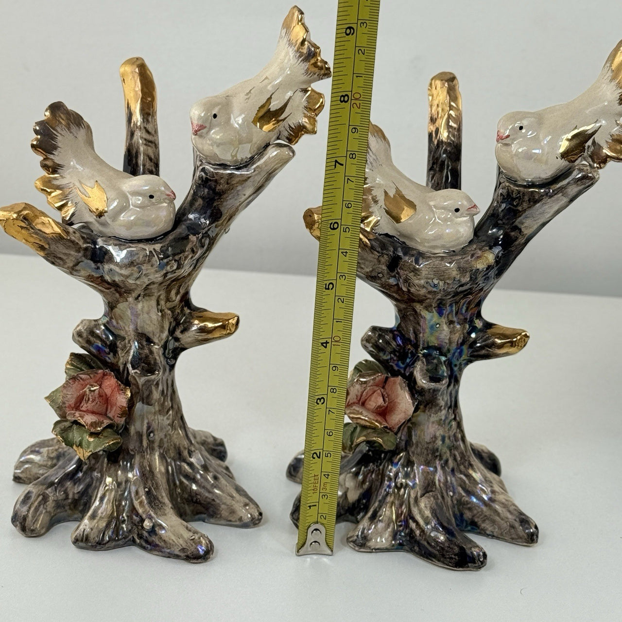 Vintage Iridescent Bird Figurines Pair Tree Trunk Base Gold Trim Gift Roses14