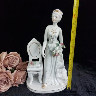 Porcelain Lady Figurine with Chair –  Elegant white ornoment 31cm1