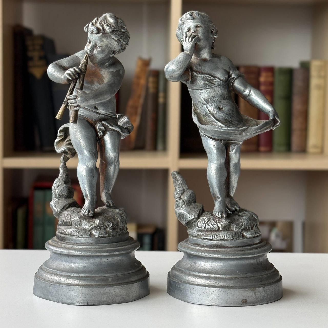 Antique French Cherub / Putti Metal Figurines "Silence" & "Music" by C. Kalf?2