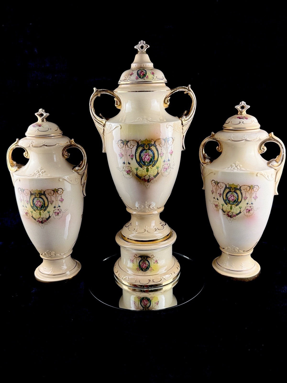 Antique English Alton Ware Urns Set Hand Painted Roses Gilded Porcelain Vase Set11