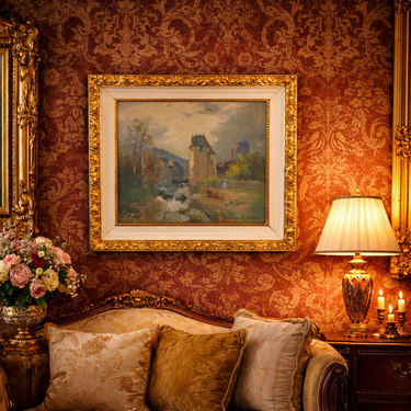 19th Century L. Henry Oil painting Castle Study 44×36cm  See Gold Frame Antique0