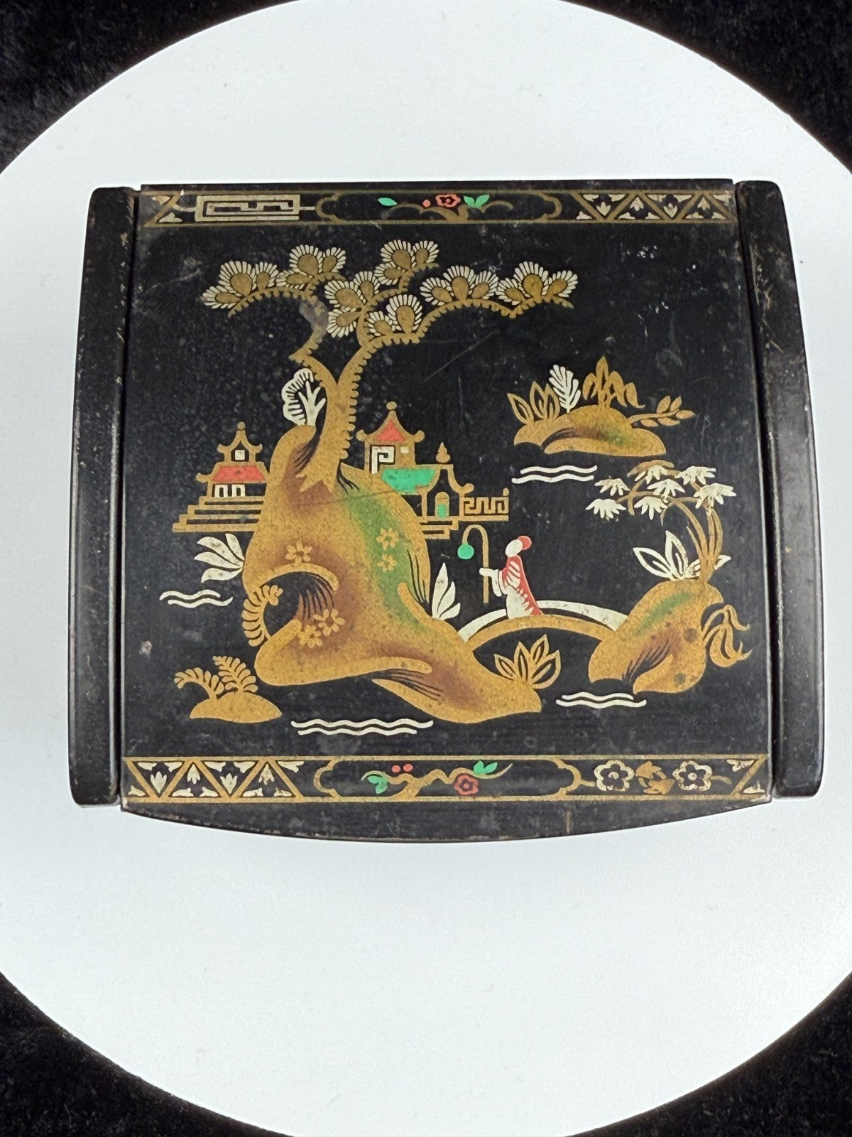 Vintage Quality Japanese Style Black Lacquer Trinket Box with FoldUp Lid, Hand1