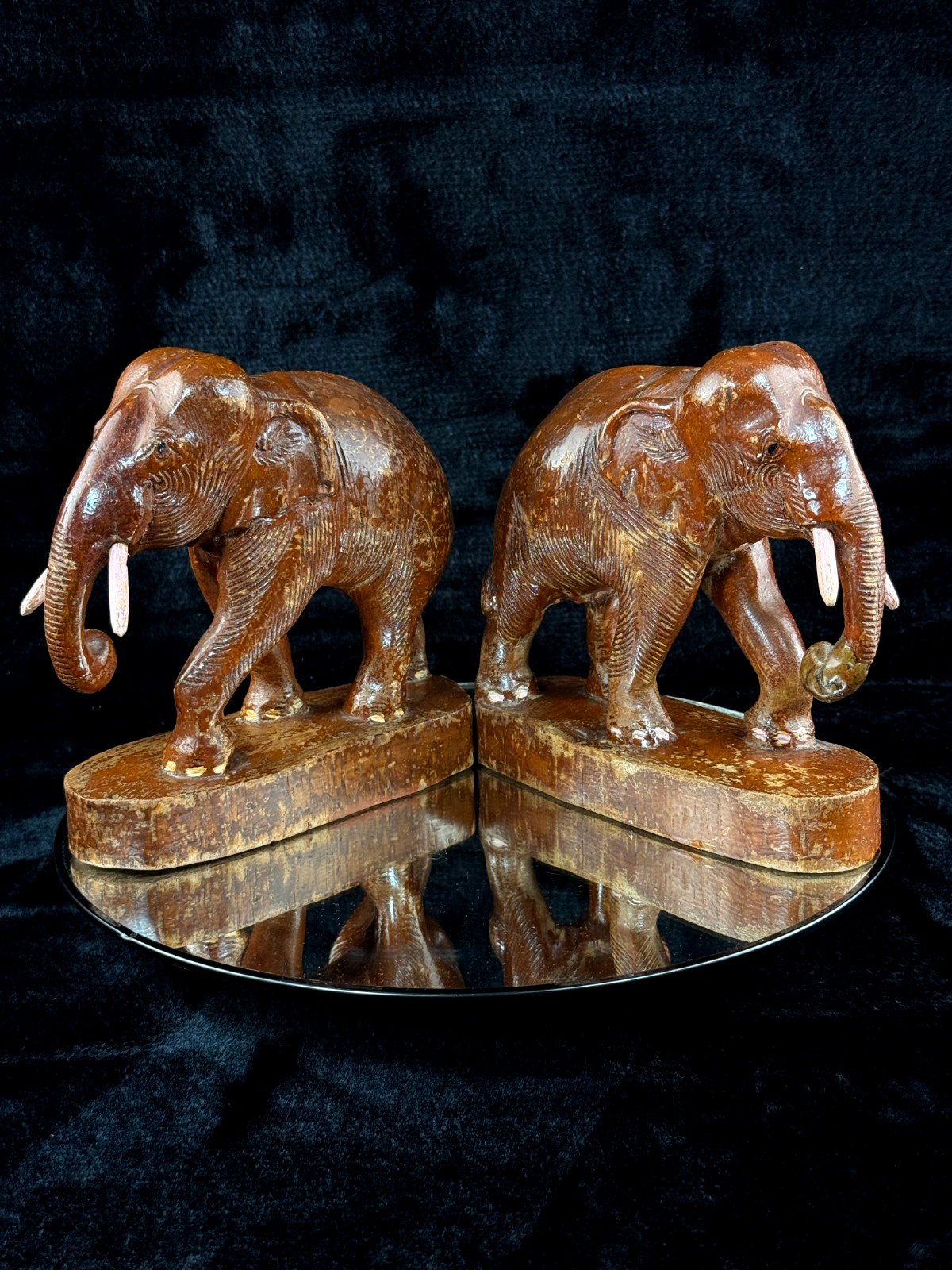 Hand Wooden Carved Elephant Pair – India Figures with Pink Resin Tusks 7 Vintag0