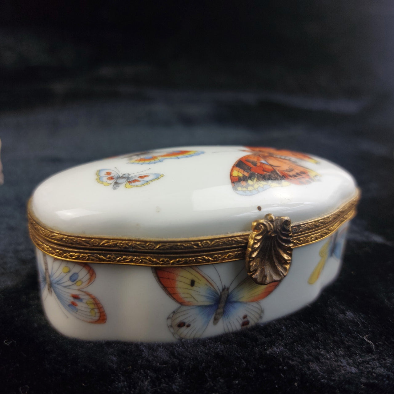 Porcelaine de France Good Butterfly Trinket Box Oval Hinged 4" Hand Painted 8