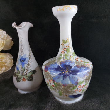 Rare Antique Pair of HandPainted Satin Glass Vases | Milk Porcelain Flowers1