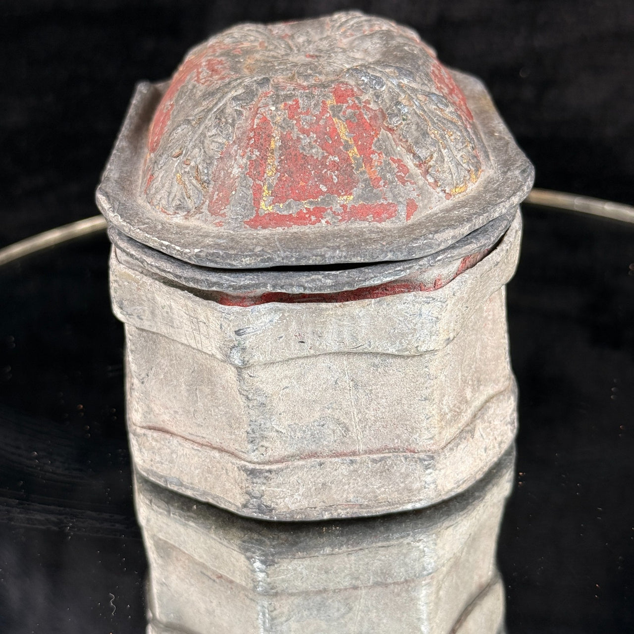 Antique 19th Century Stone Trinket Box Red Floral Relief Lid 5" x 3.5" Heavy18