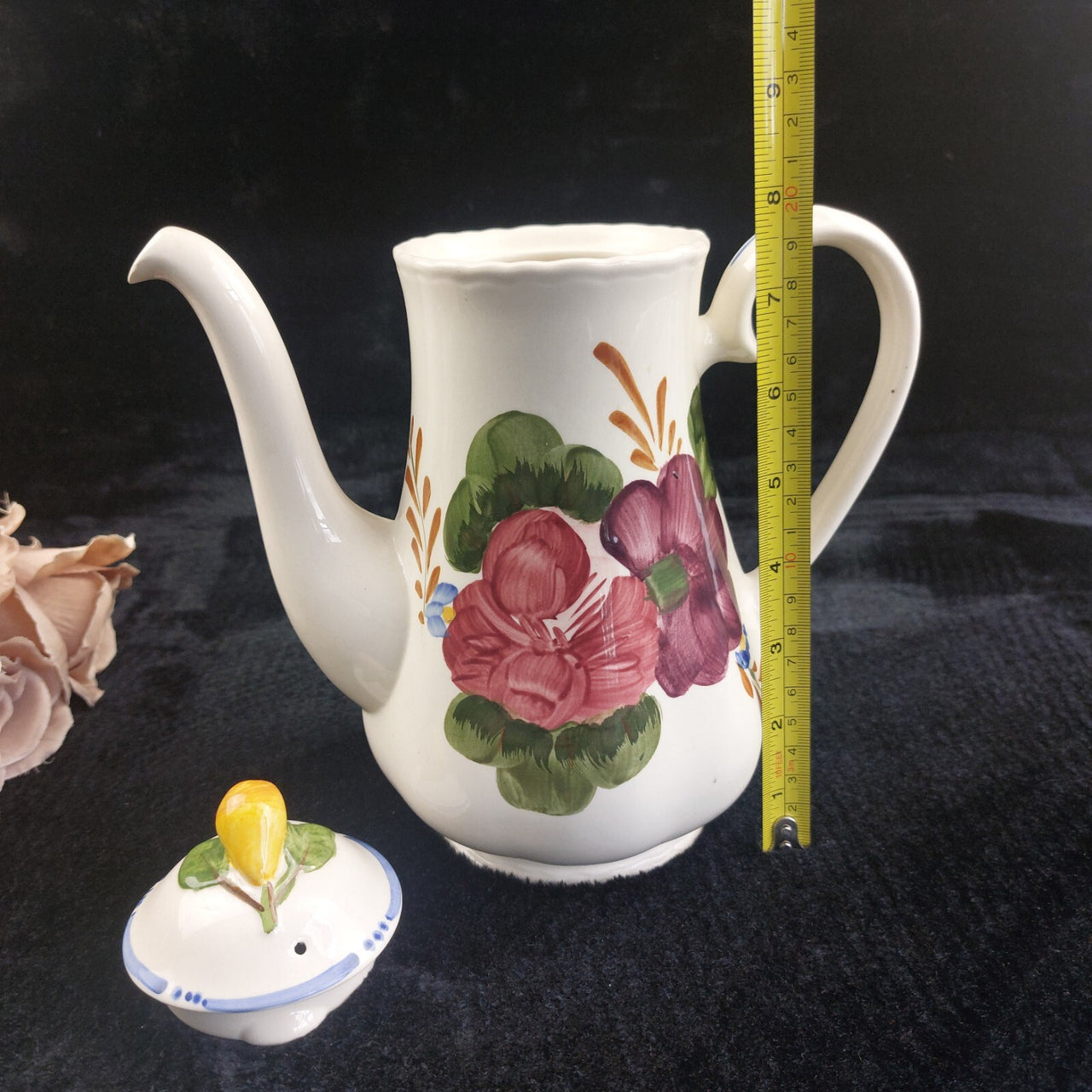 Simpsons Belle Fiore Coffee Pot 8 in Handpainted Ironstone Damage Worn Tea Pot.1