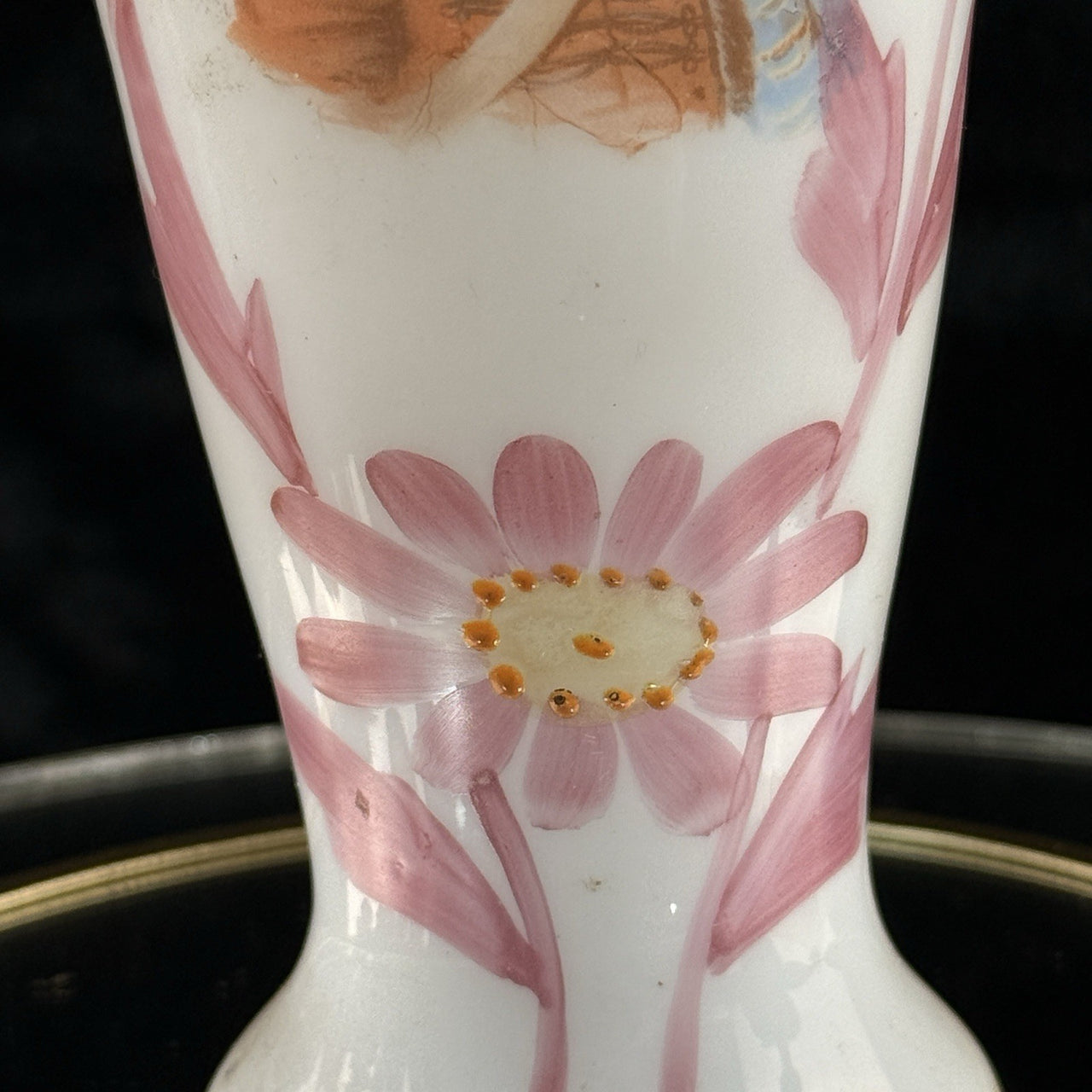 Victorian Pink Milk Glass Vase Portrait Enamel 8” Antique Vase bedroom vtg decor7