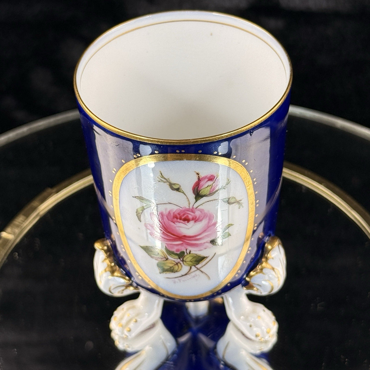 Royal Worcester Tripod Vase Blue Cobalt Pink Rose Hand Painted Gilt Antique Styl7