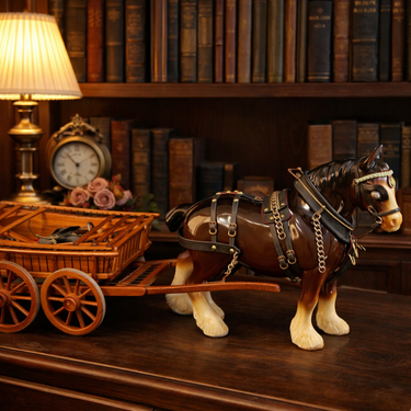 Large Porcelain Draft Horse & Wooden Farm Wagon Carriage Model see the pics Set.0