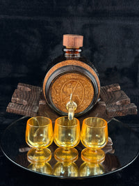 Thumbnail for Vintage Amber Glass Barrel Decanter Set with Tap 3 Glasses Tray & Wood Stand6