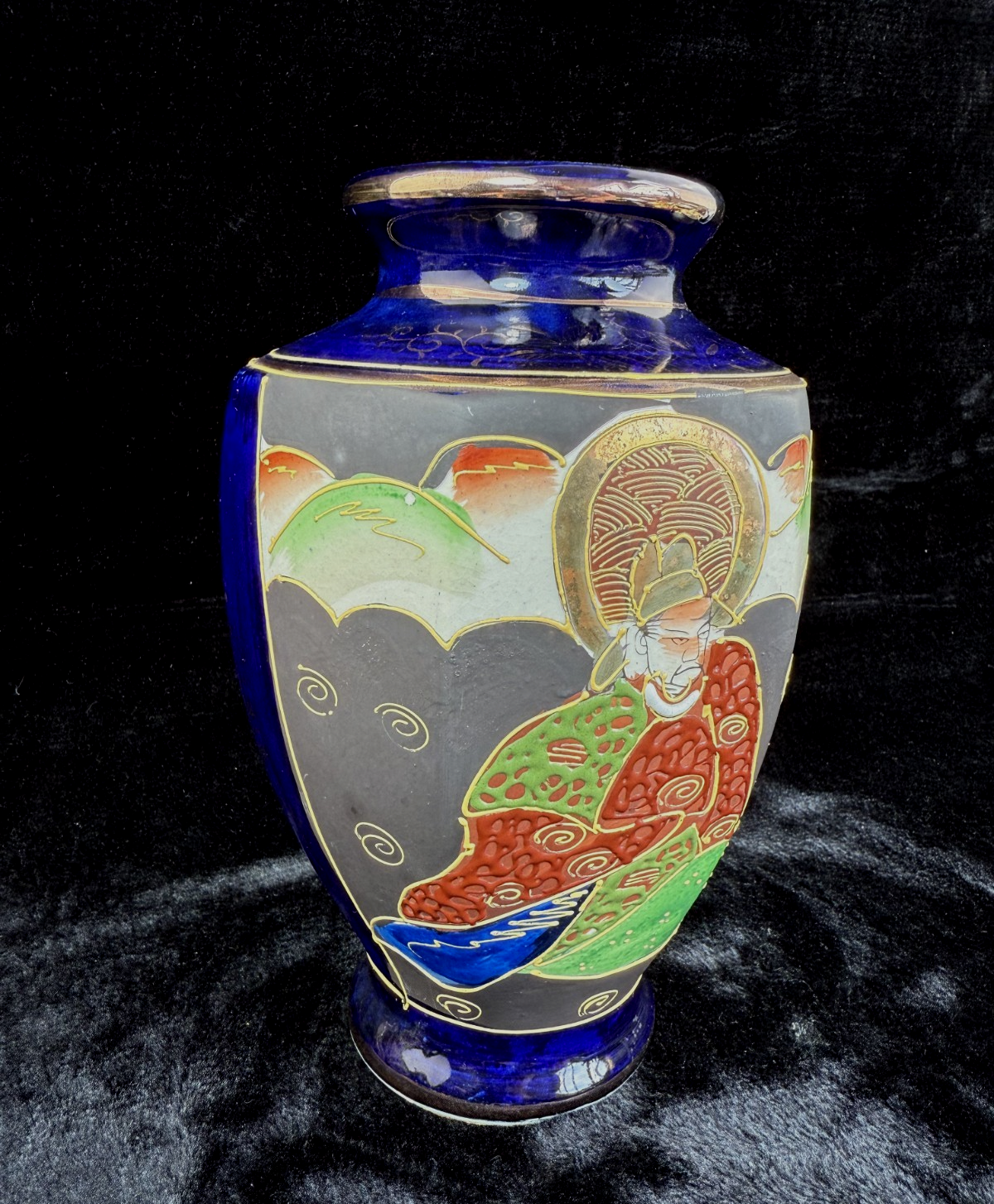 Oriental Hand-Painted navy blue Vase - 'Foreign' Mark Antique Porcelain Satsuma.3
