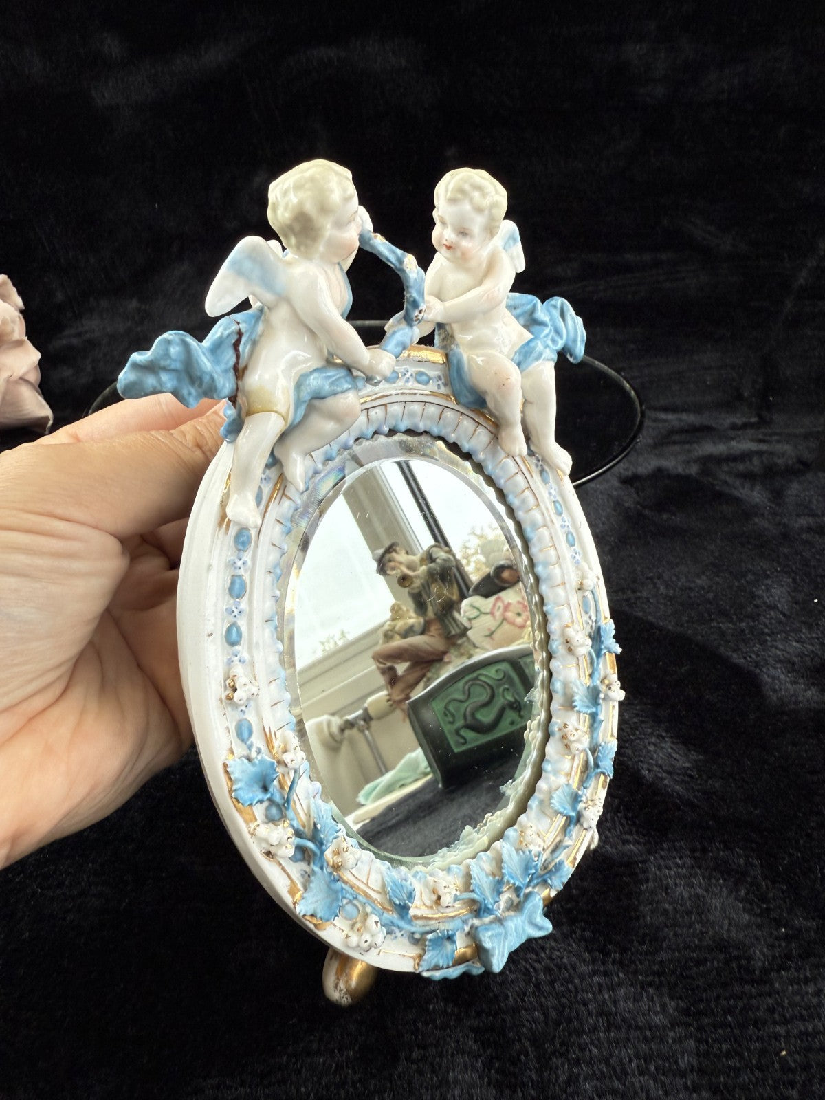 French Antique Style Porcelain Mirror with Cherub Figurines repaired leg Gilt7